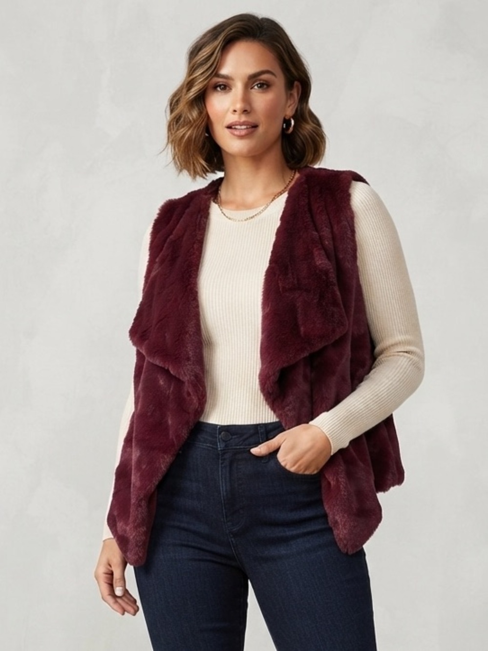 Faux Fur Draped Vest in Burgundy